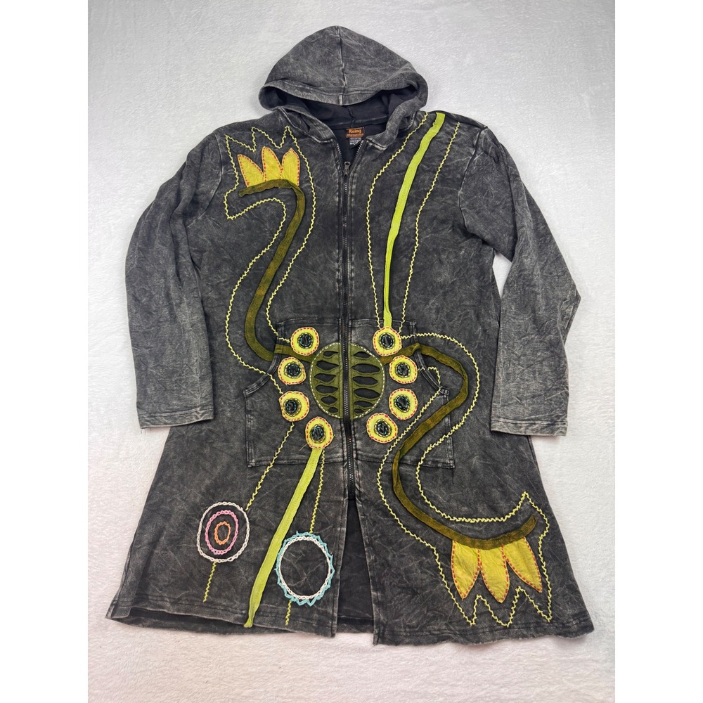 Rising International Boho Applique Zip Up Hoodie Jacket Mineral Wash Gray XL